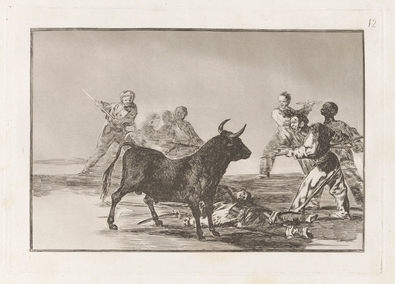 Desjarrete de la canalla con lanzas, medias-lunas, banderillas y otras armas (The Rabble Hamstring the Bull with Lances, Sickles, Banderillas and Other Arms), Plate 12 from La tauromaquia de Francisco de Goya