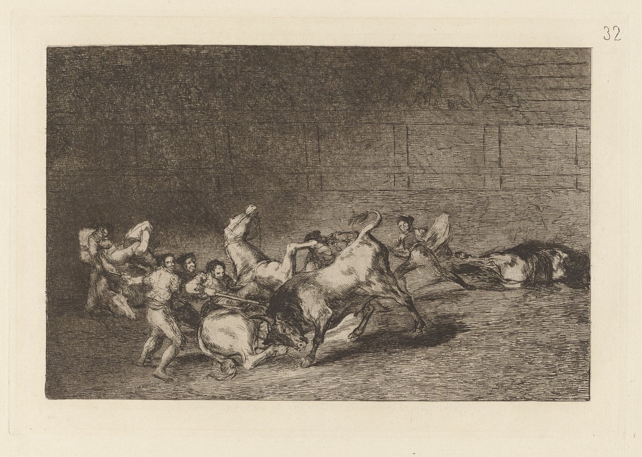 Dos grupos de picadores arrolados de seguida por un solo toro (Two Teams of Picadors Thrown One After the Other by a Single Bull), Plate 32 from La tauromaquia de Francisco de Goya