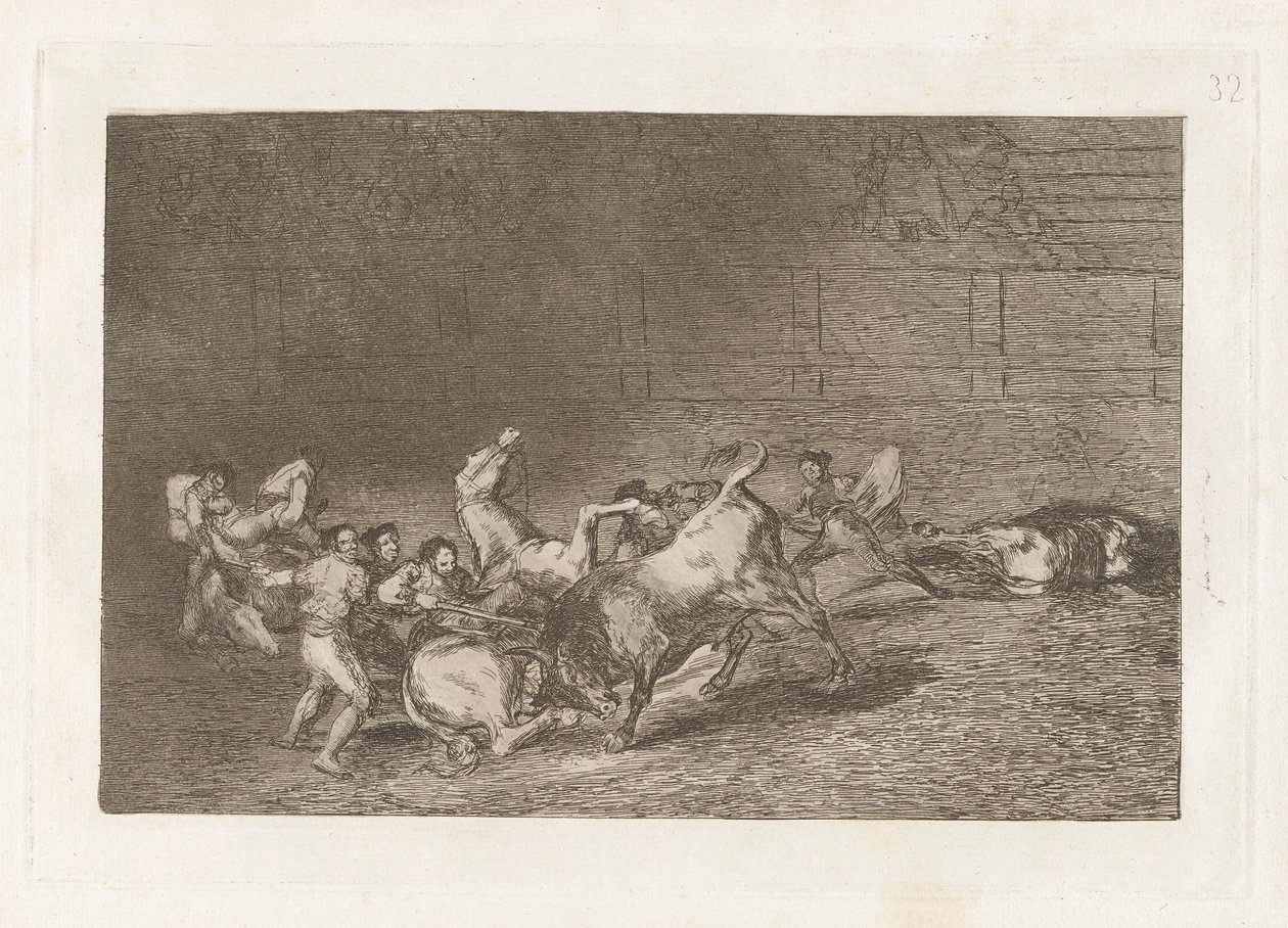 Dos grupos de picadores arrolados de seguida por un solo toro (Two Teams of Picadors Thrown One After the Other by a Single Bull), Plate 32 from La tauromaquia de Francisco de Goya