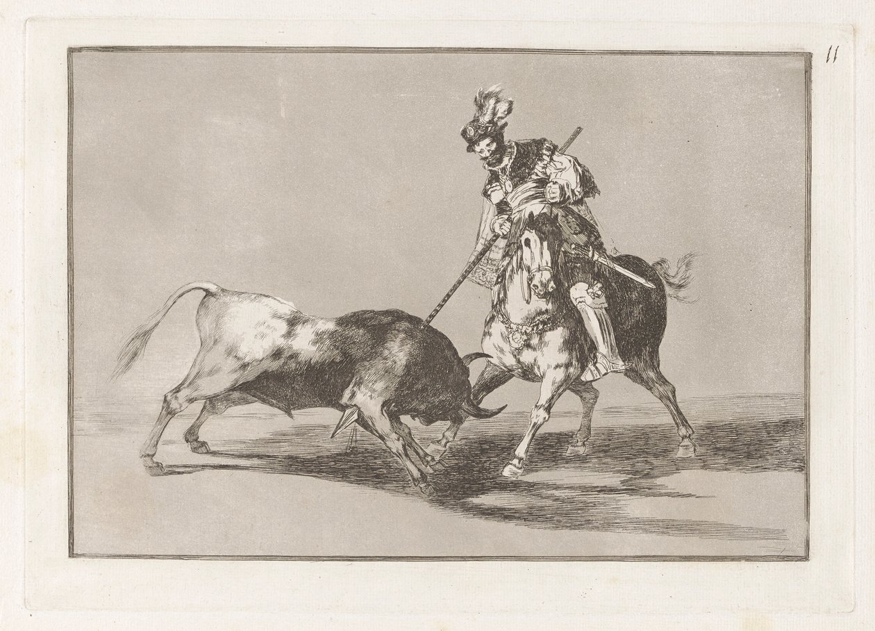 El Cid Campeador lanceando otro toro (The Cid Campeador Spearing Another Bull), Plate 11 from La tauromaquia de Francisco de Goya