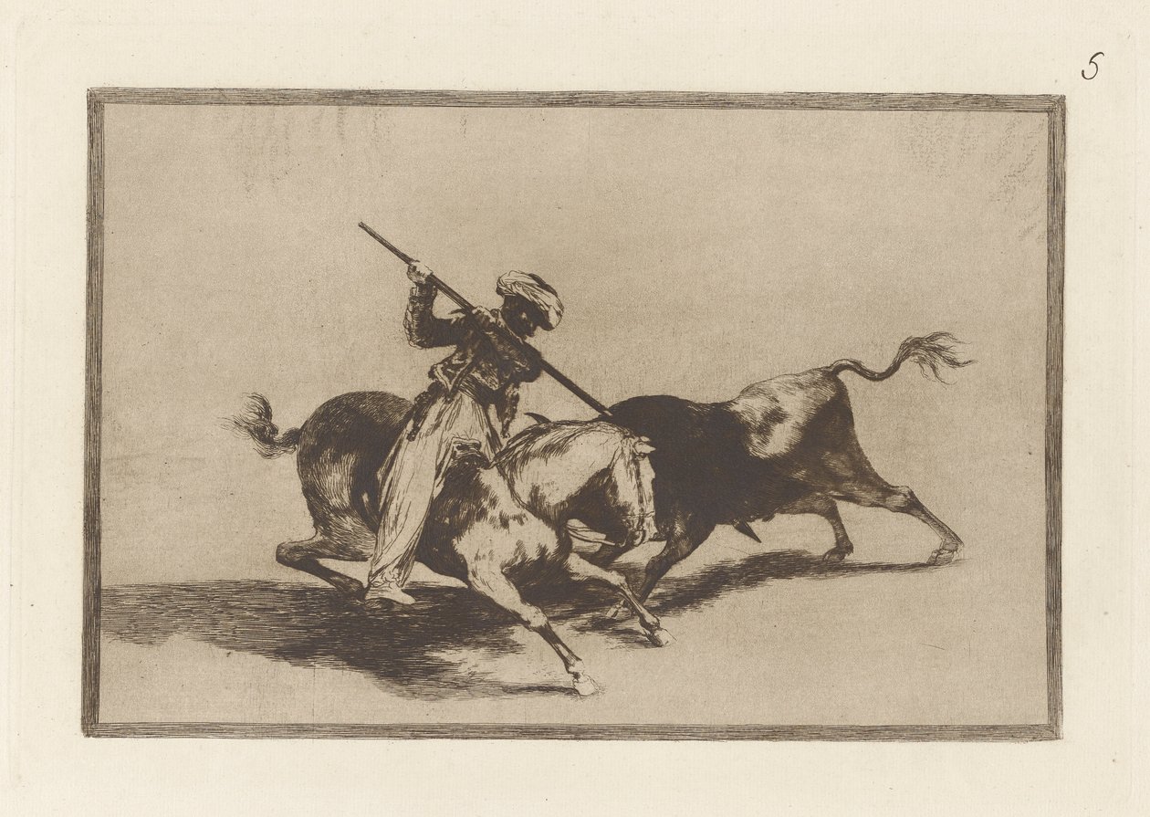El animoso Moro Gazul es el primero que lance? toros en regla. (The Spirited Moor Gazul is the First to Spear Bulls According to the Rules), Plate 5 from La tauromaquia de Francisco de Goya