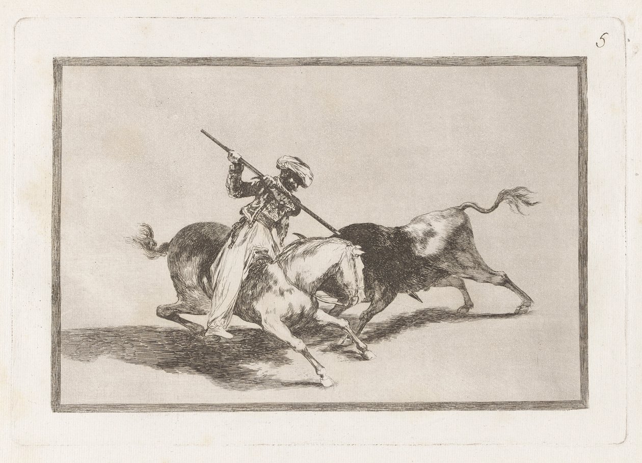 El animoso moro Gazul es el primero que lance? toros en regla (The Spirited Moor Gazul Is the First to Spear Bulls According to the Rules), Plate 5 from La tauromaquia de Francisco de Goya