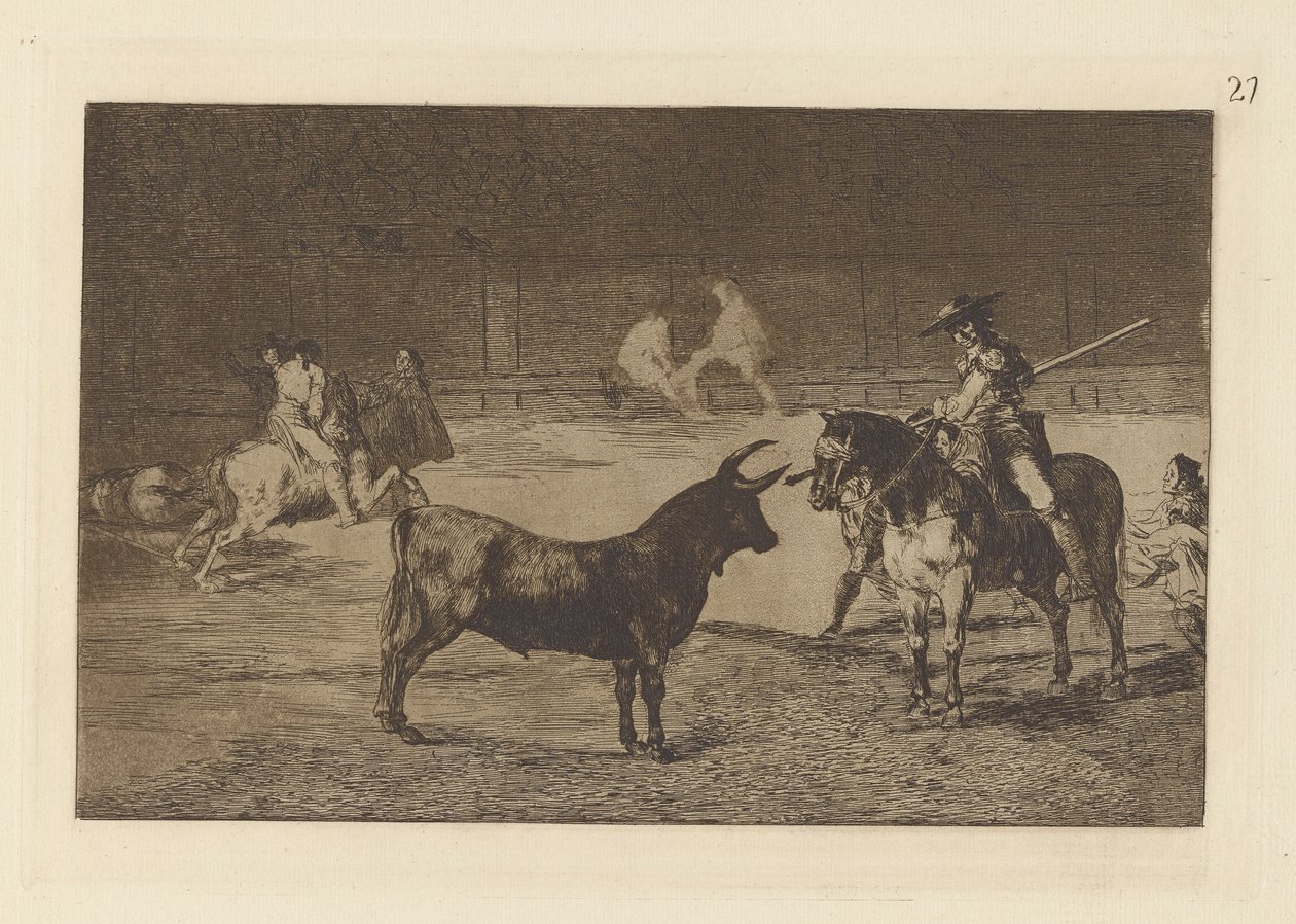 El c?lebre Fernando del Toro, barilarguero, obligando ? la fiera con su garrocha (The Celebrated Picador, Fernando del Toro, Draws the Fierce Beast on with his Pique), Plate 27 from La tauromaquia de Francisco de Goya