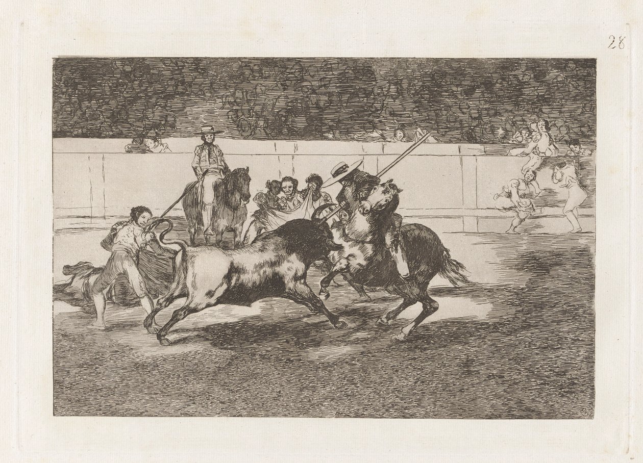 El esforzado Rendon picando un toro, de cuya suerte muri? en la plaza de Madrid (The Forceful Rendon Stabs a Bull with the Pique, from which Pass He Died in the Ring of Madrid), Plate 28 from La tauromaquia de Francisco de Goya