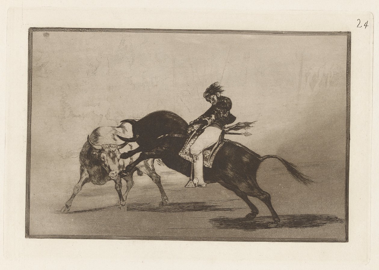 El mismo Ceballos montado sobre otro toro quiebra rejones en la plaza de Madrid (The Same Ceballos Mounted on Another Bull Breaks Short Spears in the Ring at Madrid), Plate 24 from La tauromaquia de Francisco de Goya