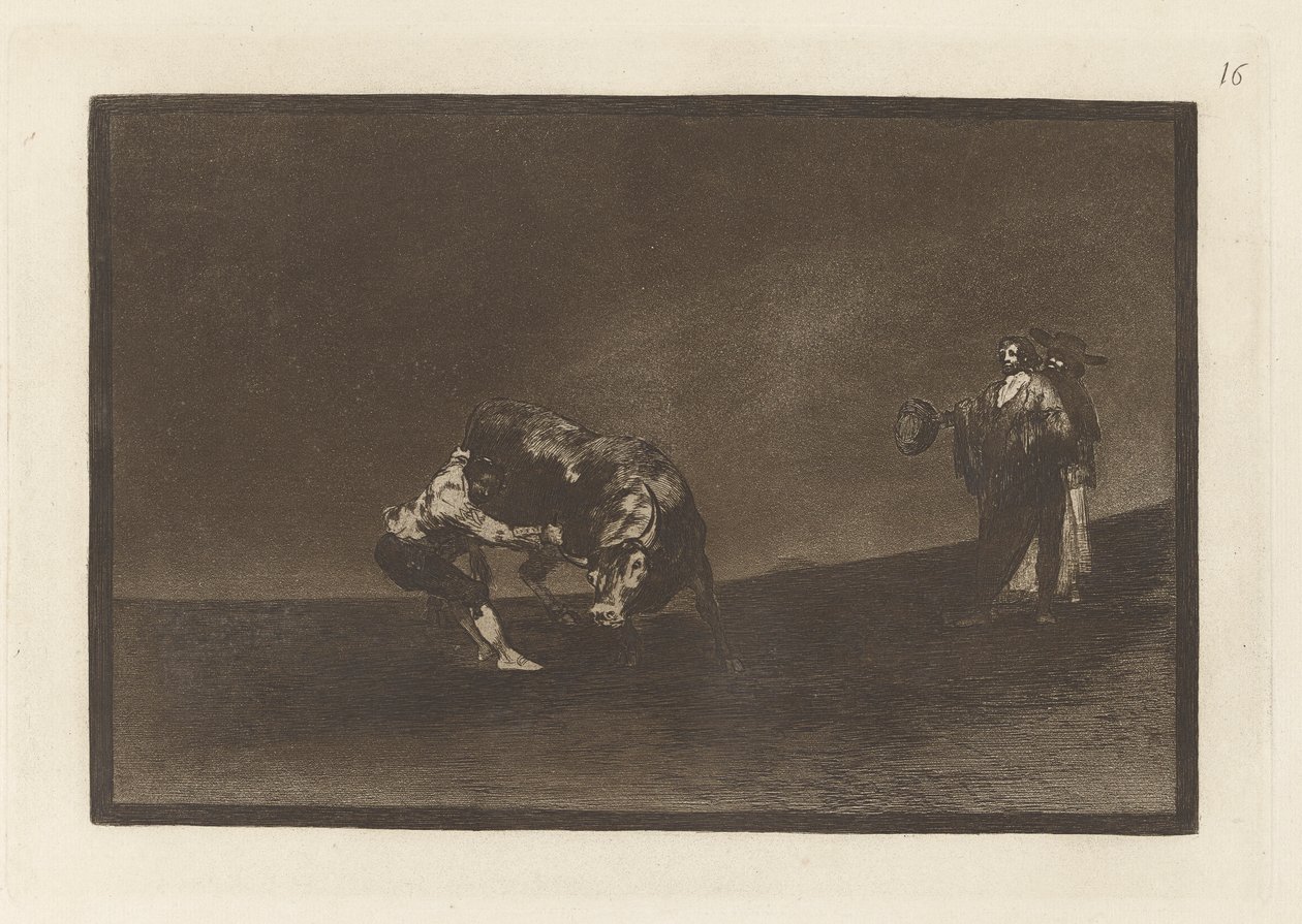 El mismo vuelca un toro en la plaza de Madrid (The Same Man Throws a Bull in the Ring at Madrid), Plate 16 from La tauromaquia de Francisco de Goya