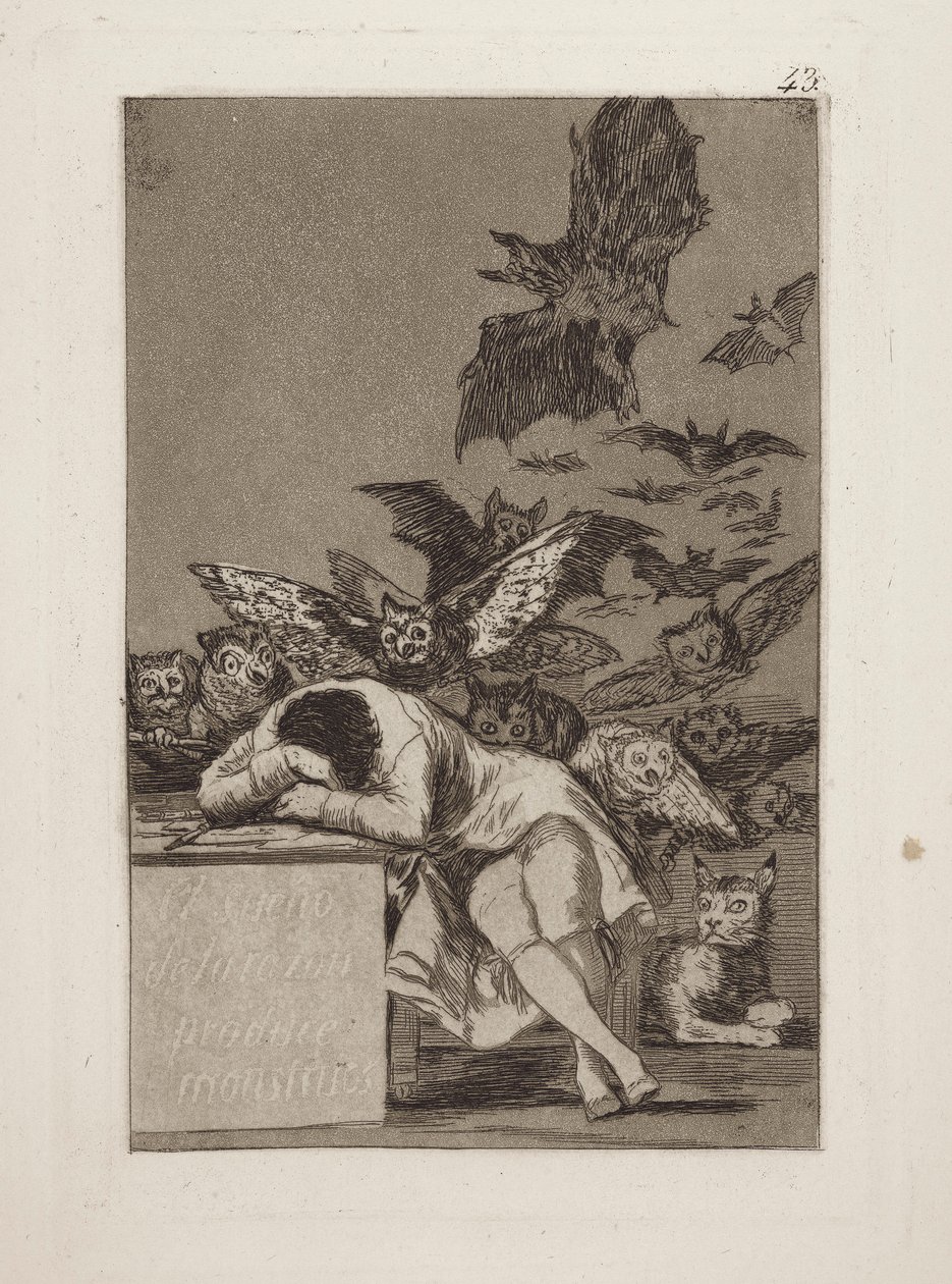 El sueno de la razon produce monstruos. (The Sleep of Reason Produces Monsters.), pl. 43 from the series Los caprichos de Francisco de Goya