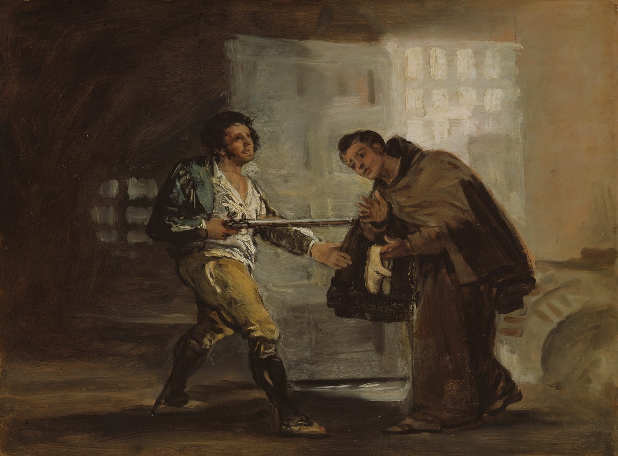 Fray Pedro ofrece zapatos a El Maragato y se prepara para apartar su arma, c. 1806. de Francisco de Goya