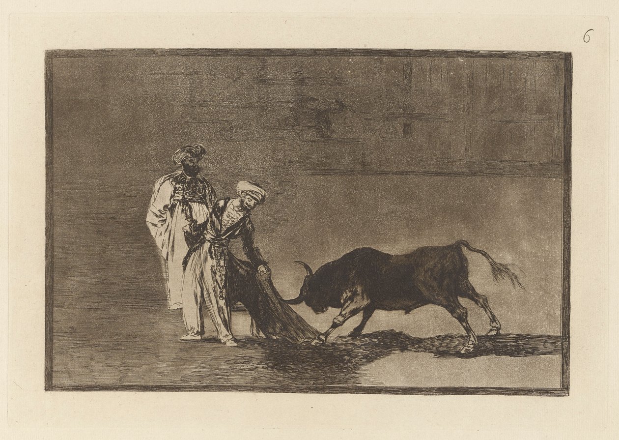 Los Moros hacen otro capeo en plaza con su albornoz (The Moors Make a Different Play in the Ring Calling the Bull with their Burnous), Plate 6 from La tauromaquia de Francisco de Goya