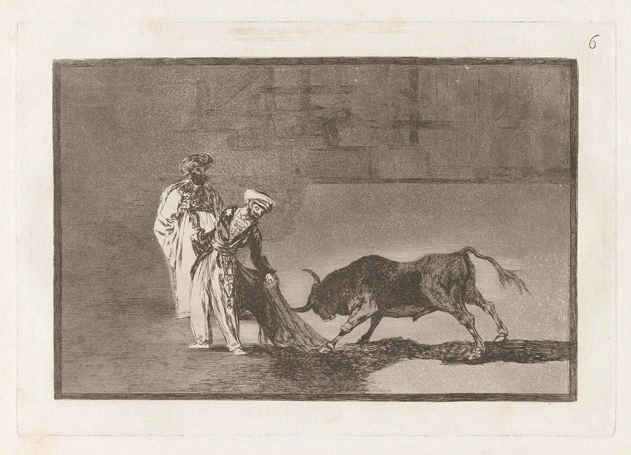 Los moros hacen otro capeo en plaza con su albornoz (The Moors make a different play in the ring calling the bull with their burnous), Plate 6 from La tauromaquia de Francisco de Goya