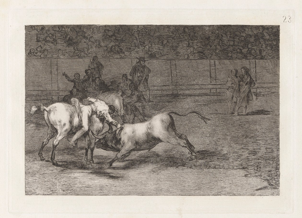 Mariano Ceballos, alias el Indio, mata el toro desde su caballo (Mariano Ceballos, Alias the Indian, Kills the Bull from his Horse), Plate 23 from La tauromaquia de Francisco de Goya