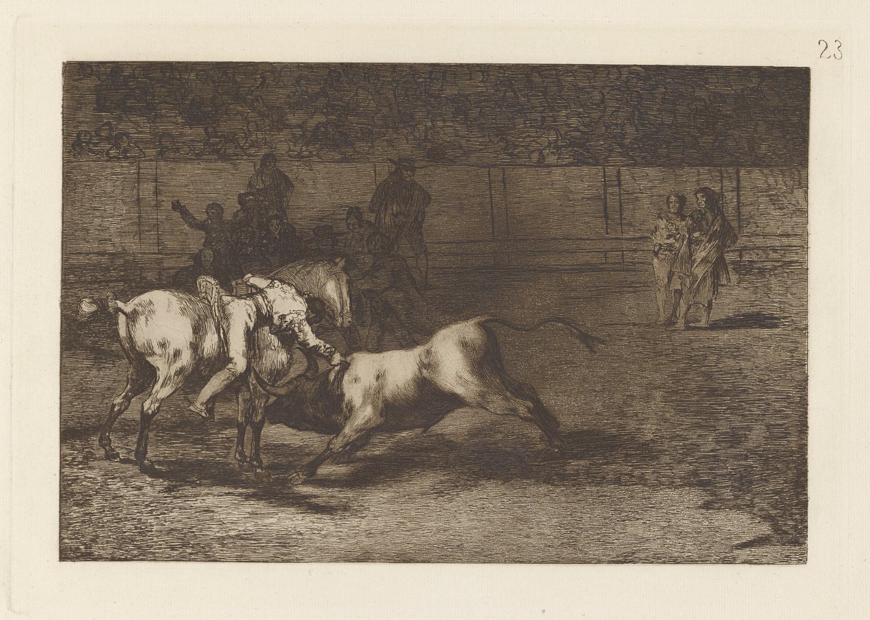 Mariano Ceballos, alias el Indio, mata el toro desde su caballo (Mariano Ceballos, Alias the Indian, Kills the Bull from his Horse), Plate 23 from La tauromaquia de Francisco de Goya