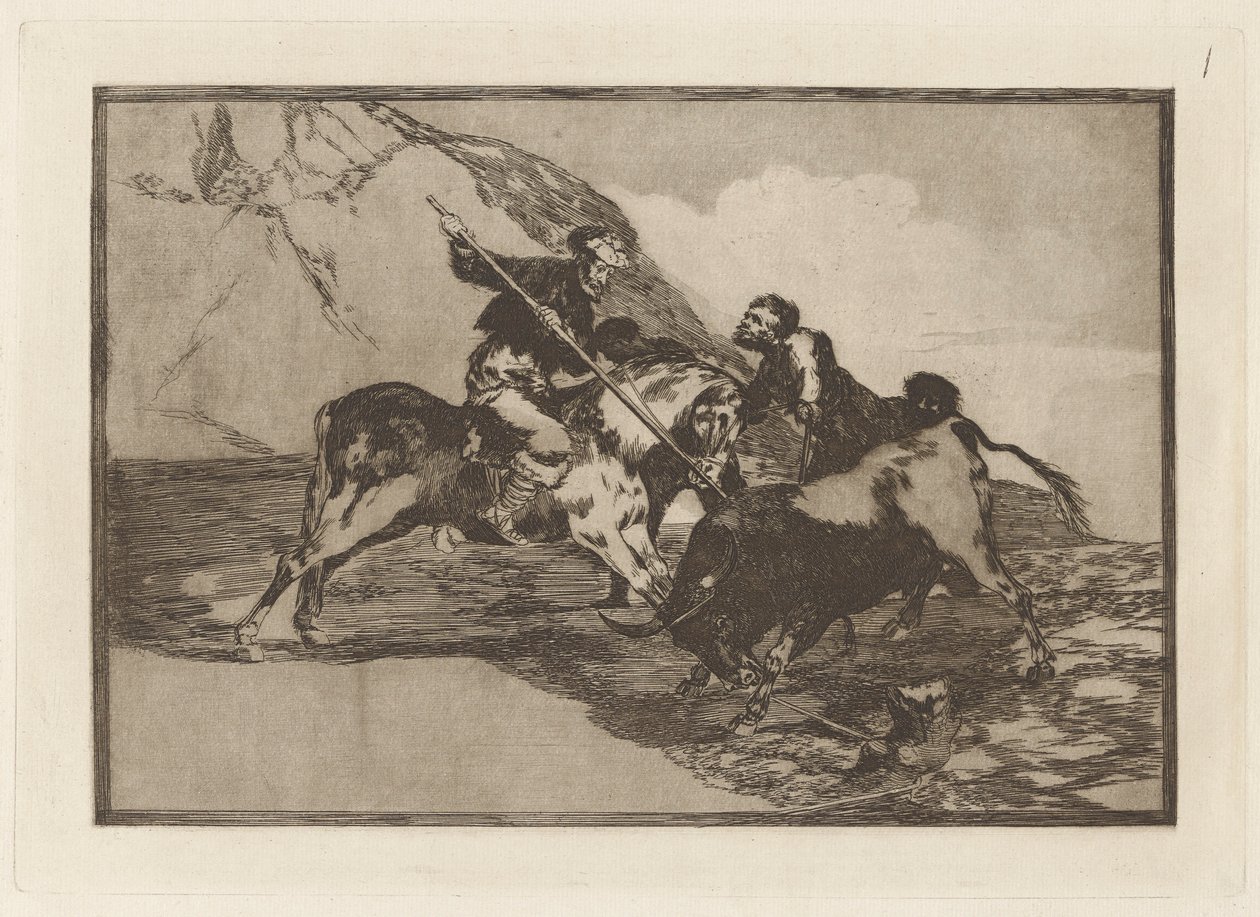 Modo con que los antiguos Españoles cazaban los toros ? caballo en el campo (The Way in which the Ancient Spaniards Hunted Bulls on Horseback in the Open Country), Plate 1 from La tauromaquia de Francisco de Goya