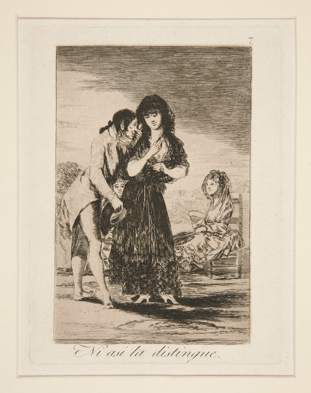 Ni asi la distingue (Aun así él no puede distinguirla), pl. 7 de Los caprichos de Francisco de Goya