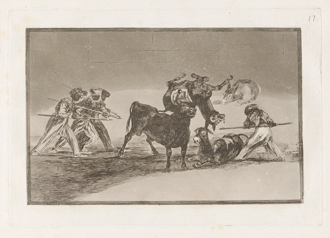 Palenque de los moros hecho con burros para defenderse del toro embolado, Lámina 17 de La tauromaquia de Francisco de Goya
