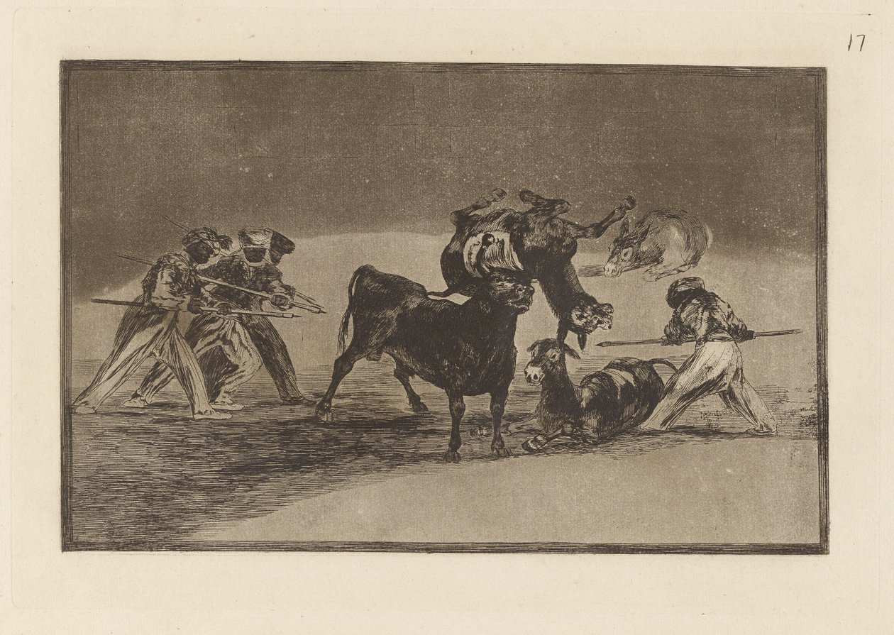 Palenque de los moros hecho con burros para defenderse del toro embolado, Lámina 17 de La tauromaquia de Francisco de Goya