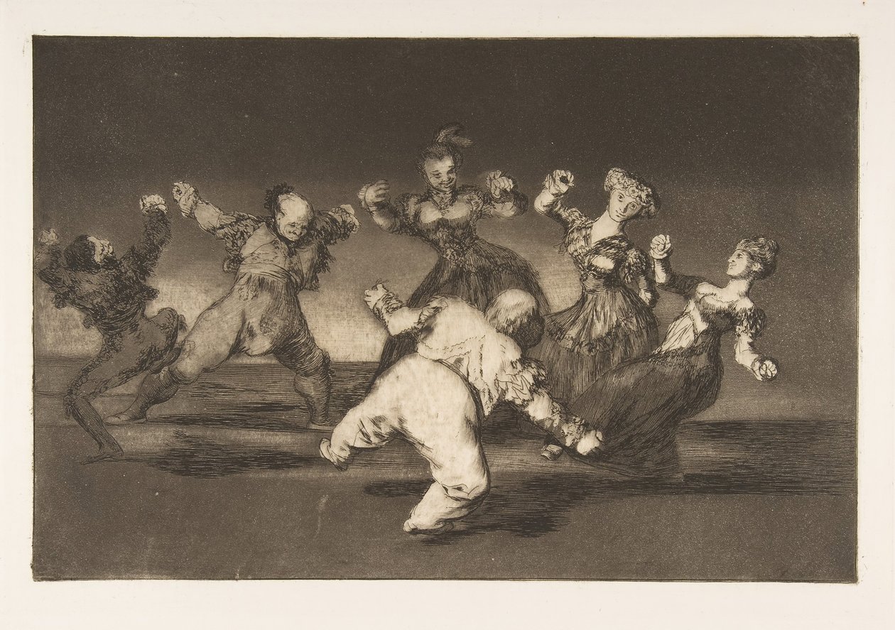 Placa 12 de los Disparates: Si Marion va a bailar, entonces ella tiene..., ca. 1816-23 publicado 1864 de Francisco de Goya