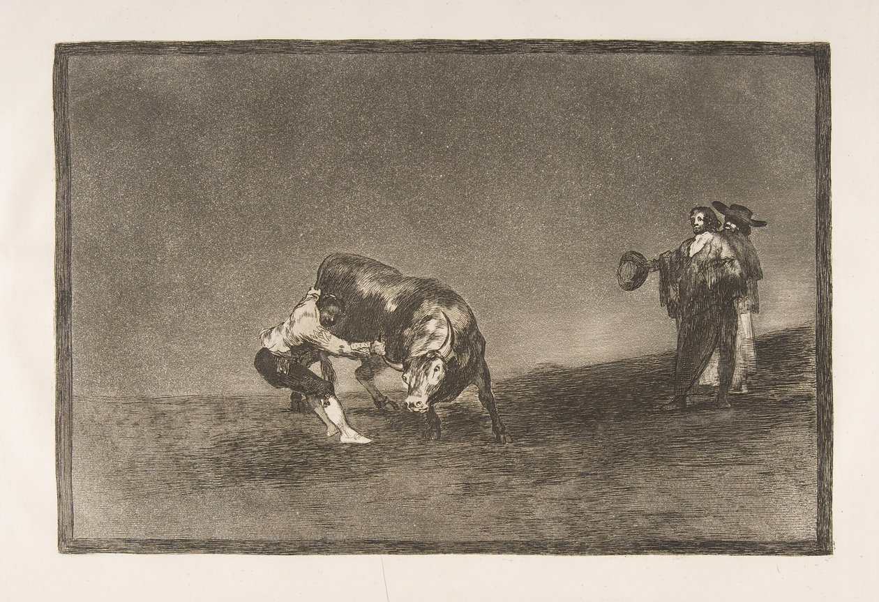Placa 16 de la Tauromaquia: El mismo hombre lanza un toro en el ruedo en Madrid, 1816 de Francisco de Goya