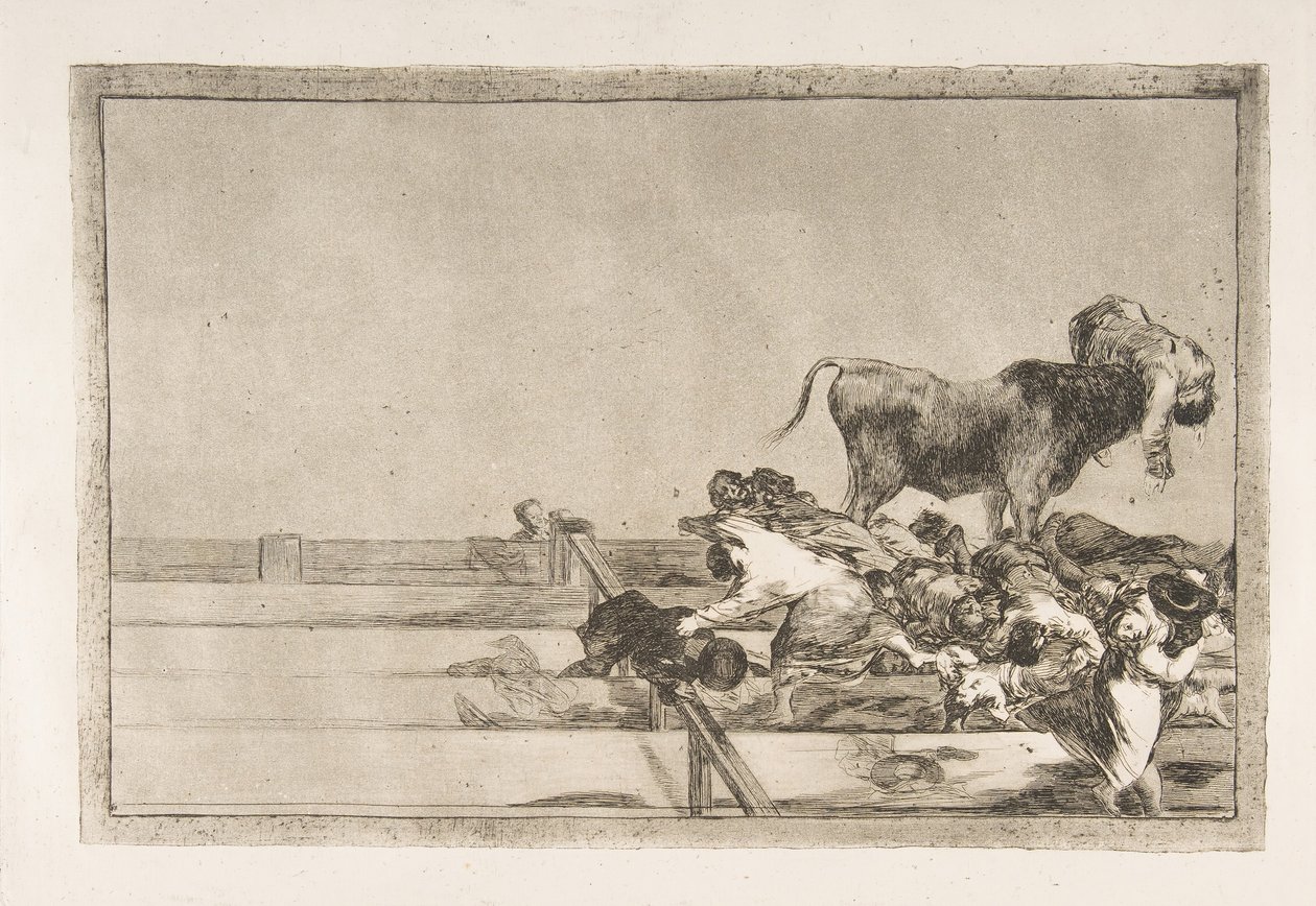 Placa 21 de la Tauromaquia: Acontecimientos terribles en las primeras filas del ruedo en Madrid, 1816 de Francisco de Goya