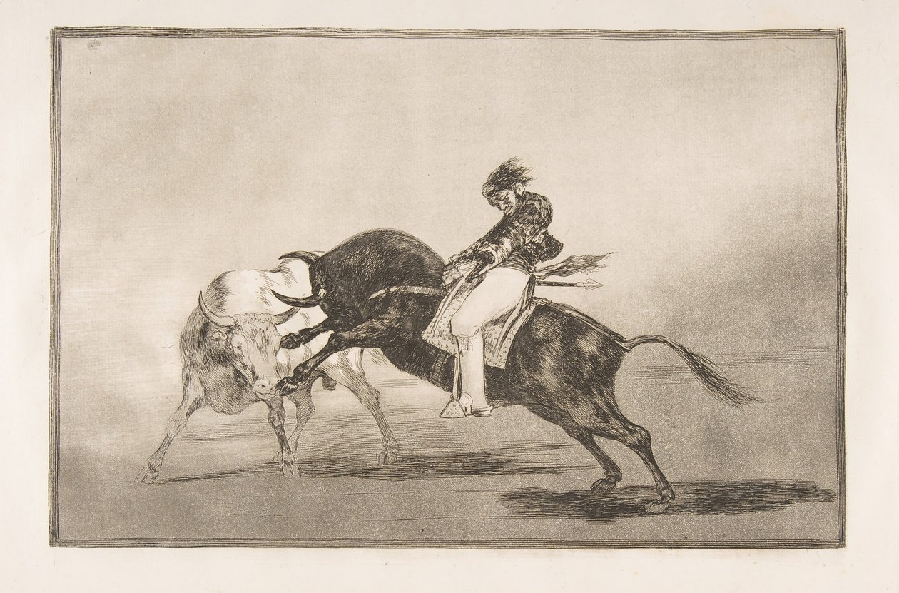 El mismo Ceballos montado en otro toro rompe la lanza corta, de la Tauromaquia de Francisco de Goya