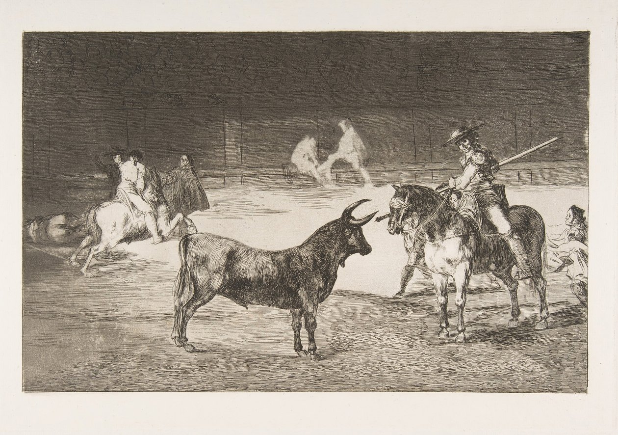 Placa 27 de la Tauromaquia: El célebre picador, Fernando del Toro, atrae al fier... de Francisco de Goya