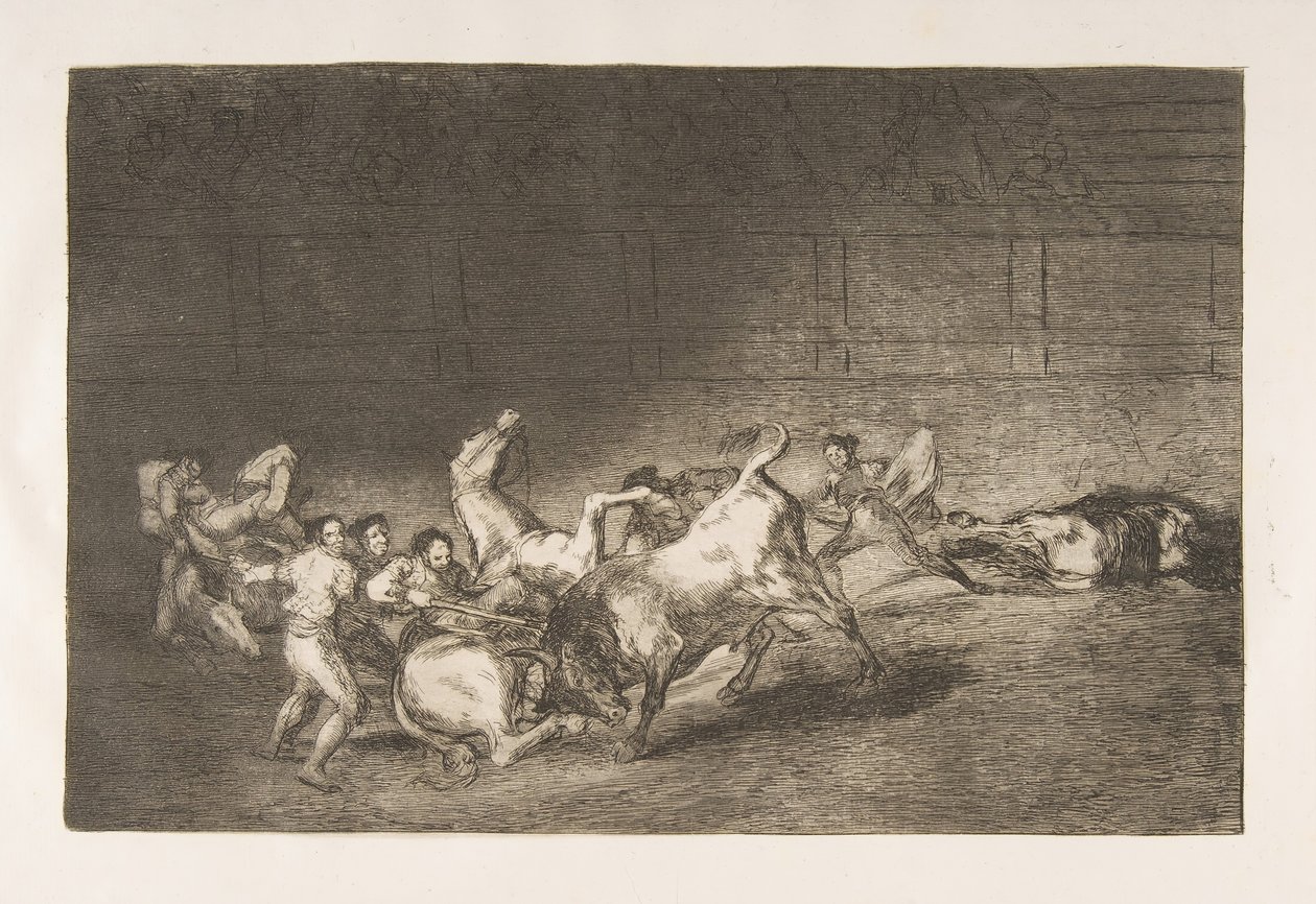 Placa 32 de la Tauromaquia: Dos equipos de picadores arrojados uno tras otro por un solo toro, 1816 de Francisco de Goya