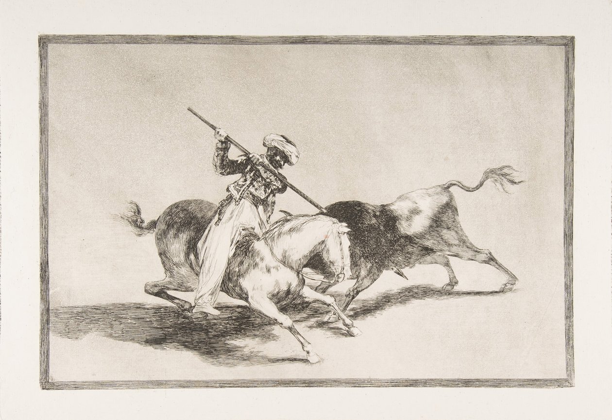 Placa 5 de La Tauromaquia: El moro valiente Gazul es el primero en lanzar toros..., 1816 de Francisco de Goya
