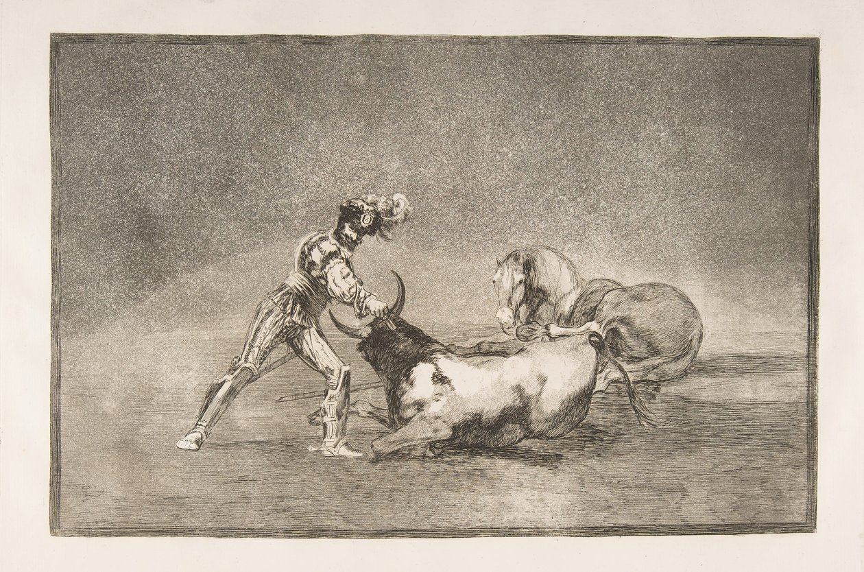Placa 9 de la Tauromaquia: Un caballero español mata al toro después de haber perdido su caballo de Francisco de Goya