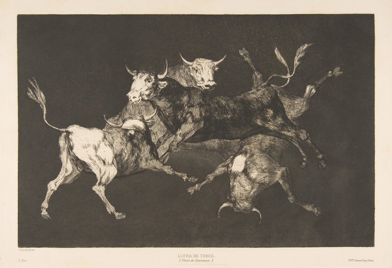 Placa D de los Disparates: Tontos o Pequeños Toros - locura, ca. 1816-23 publicado 1877 de Francisco de Goya