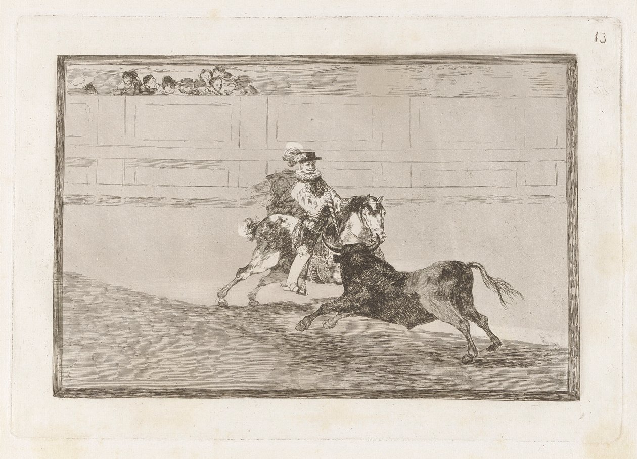 Un caballero español en plaza quebrando rejoncillos sin auxilio de los chulos (Un caballero español montado en el ring rompiendo lanzas cortas sin la ayuda de asistentes), Lámina 13 de La tauromaquia de Francisco de Goya