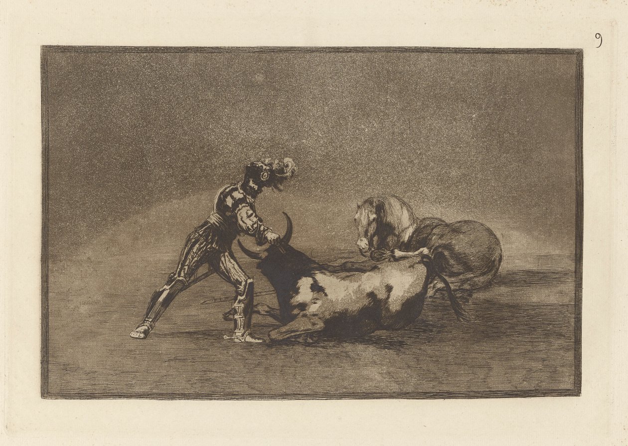 Un caballero español mata un toro despues de haber perdido el caballo (A Spanish Knight Kills the Bull after Having Lost his Horse), Plate 9 from La tauromaquia de Francisco de Goya