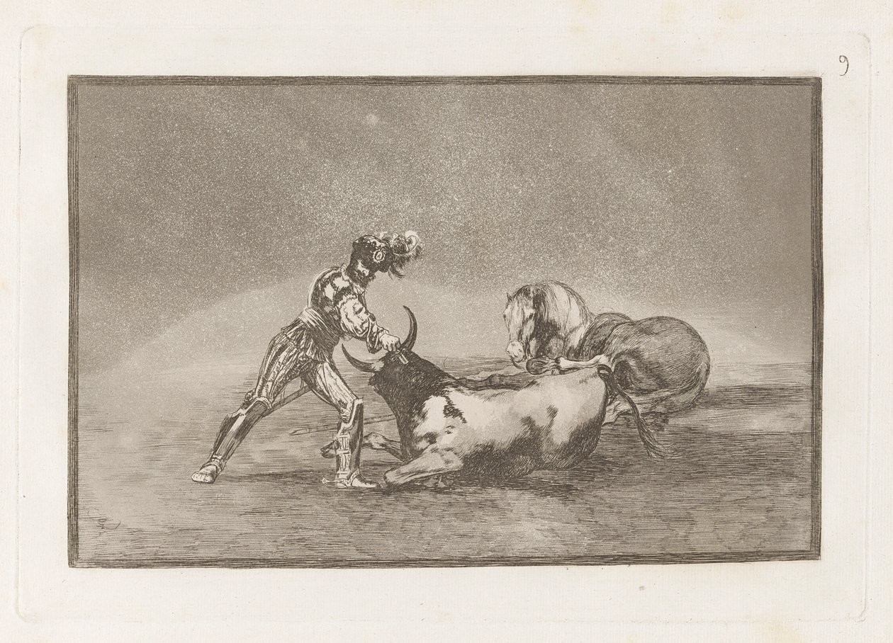 Un caballero español mata un toro despues de haber perdido el caballo (A Spanish Knight Kills the Bull after Having Lost his Horse), Plate 9 from La tauromaquia de Francisco de Goya