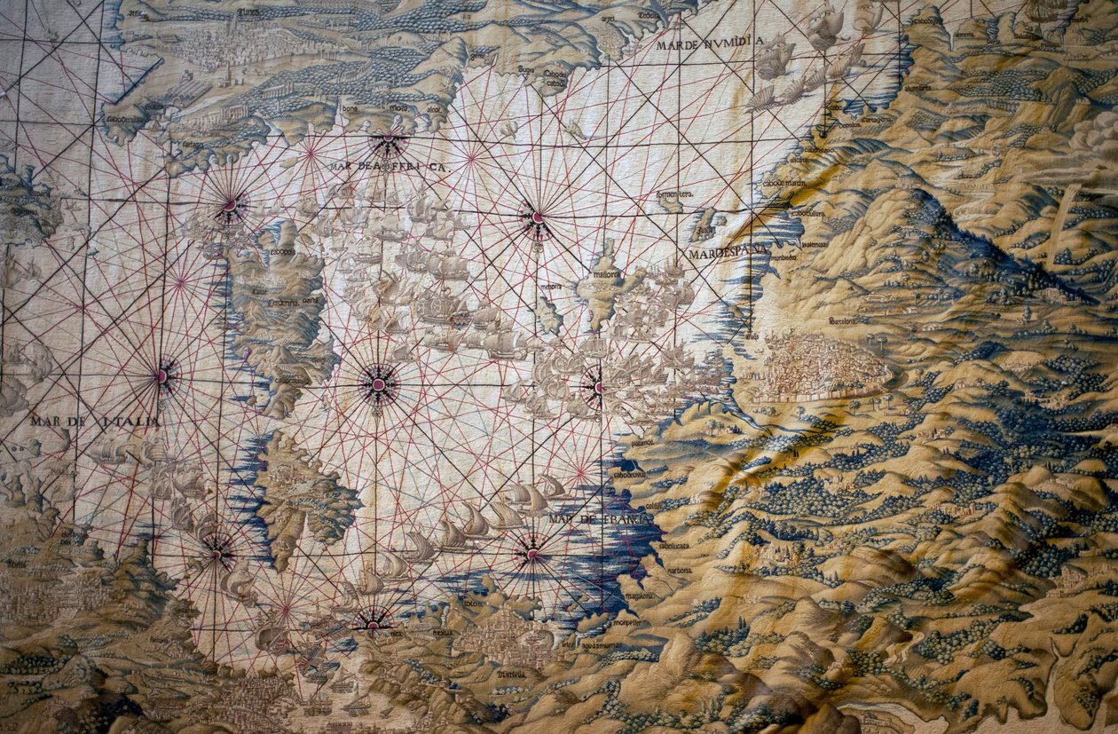 Mapa del Mar Mediterráneo - Detalle del conquete de Túnez (Túnez) - Tapiz de Francisco y Cornelius Van der Ggot (siglo XVIII), tejido en la fábrica real de tapices, a mediados del siglo XVIII, según el tapiz del siglo XVI de Willem de Pannema de Francisco Ignacio Vandergoten Canyuwell