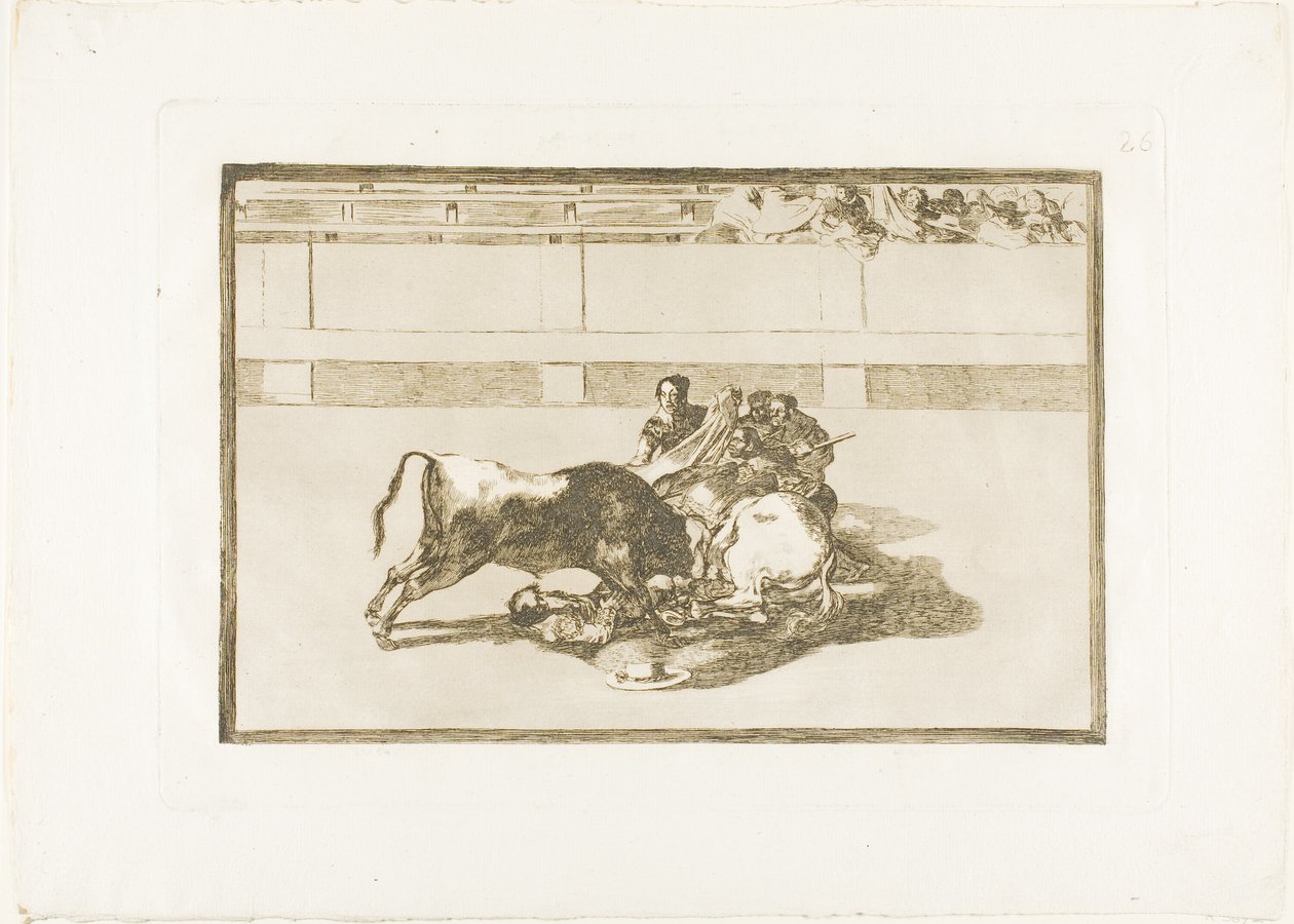 Un Picador es Desmontado y Cae bajo el Toro, lámina 26 de El Arte del Toreo de Francisco Jose de Goya y Lucientes