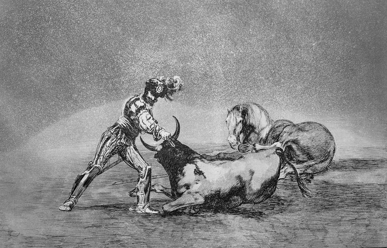 Un caballero español mata al toro después de haber perdido su caballo, lámina 9 de 