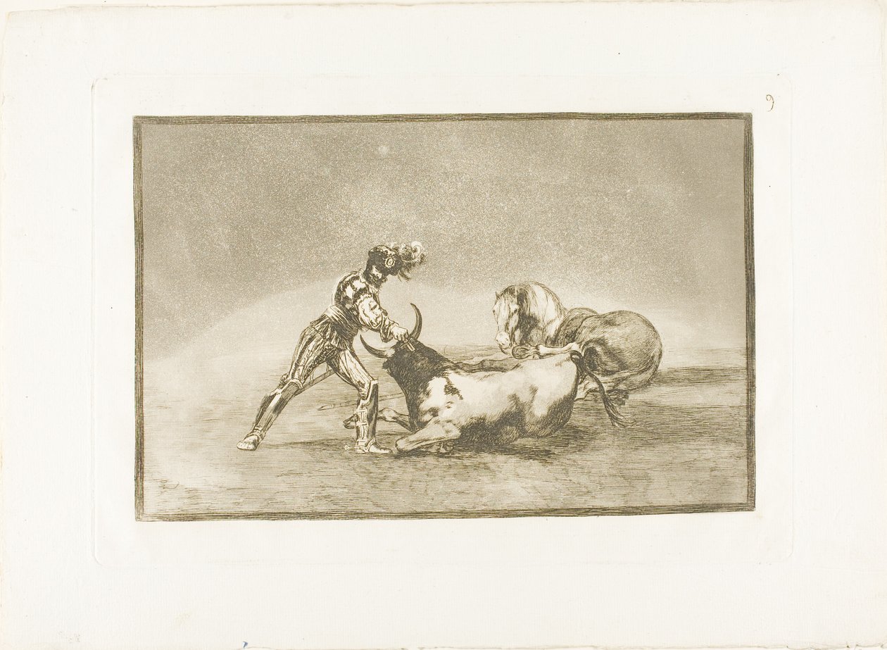 Un caballero español mata al toro después de haber perdido su caballo, lámina nueve de El arte de la tauromaquia de Francisco Jose de Goya y Lucientes