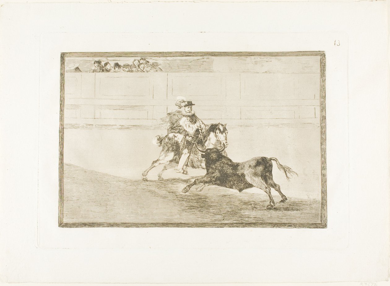 Un caballero español montado en el ruedo rompiendo lanzas cortas sin la ayuda de asistentes, lámina 13 de El Arte del Toreo de Francisco Jose de Goya y Lucientes