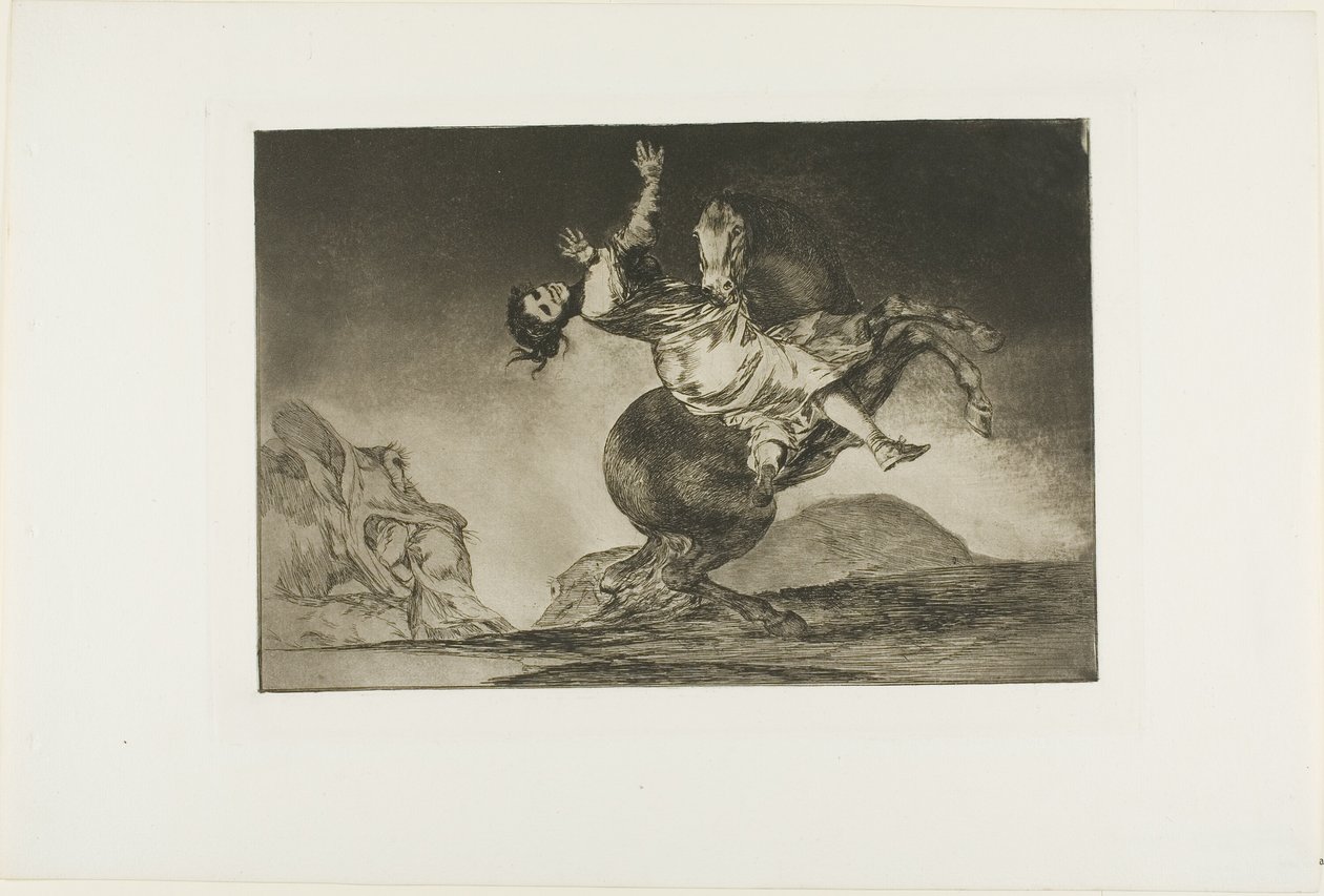 Una mujer y un caballo, deja que alguien más los domine, placa diez de Los Proverbios de Francisco Jose de Goya y Lucientes