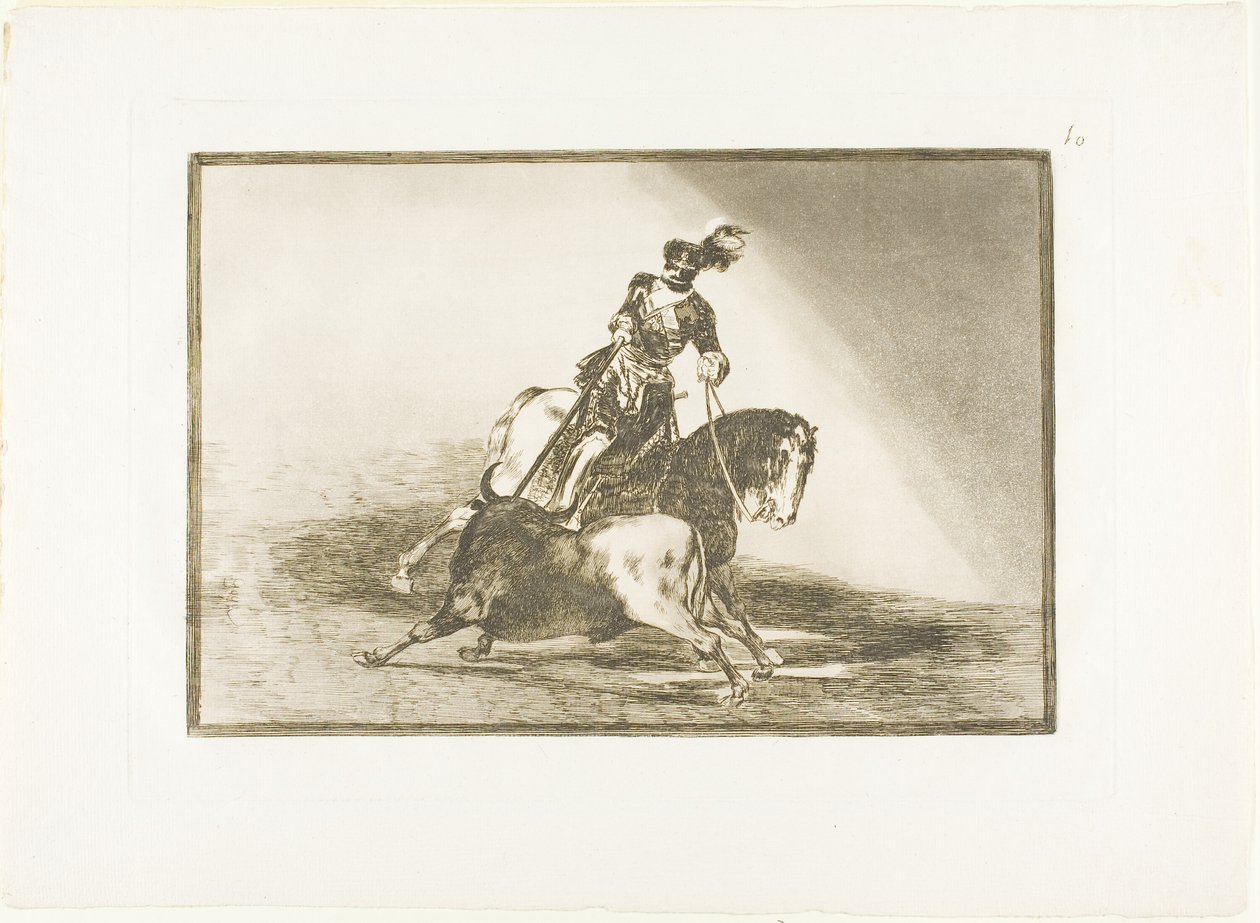 Carlos V lanceando un toro en el ruedo de Valladolid, placa diez de El arte del toreo de Francisco Jose de Goya y Lucientes