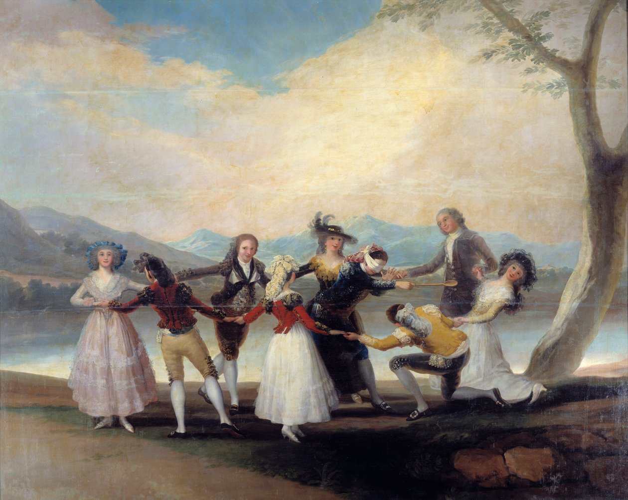 Colin Maillard (Colin-Maillard) el juego de la gallina ciega. Los jóvenes bailan alrededor de quien tiene los ojos vendados. Pintura de Francisco De Goya (1746-1828) de Francisco de Goya