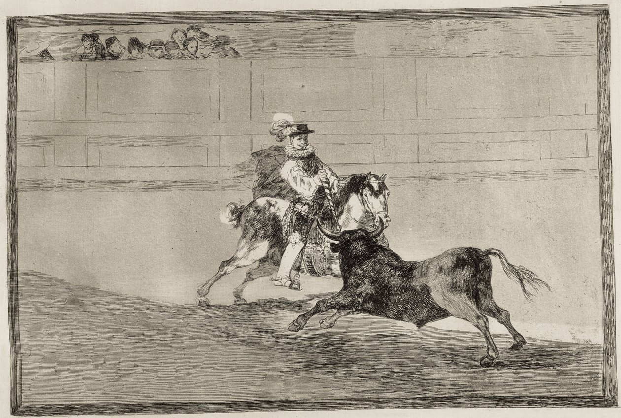 GOYA Y LUCIENTES, Francisco de (1746-1828). Un caballero español montado en el ruedo rompiendo lanzas cortas sin ayuda de ayudantes. 1816. Aguafuerte. ESPAÑA. MADRID (COMUNIDAD AUTÓNOMA). Madrid. Biblioteca Nacional de Francisco Jose de Goya y Lucientes