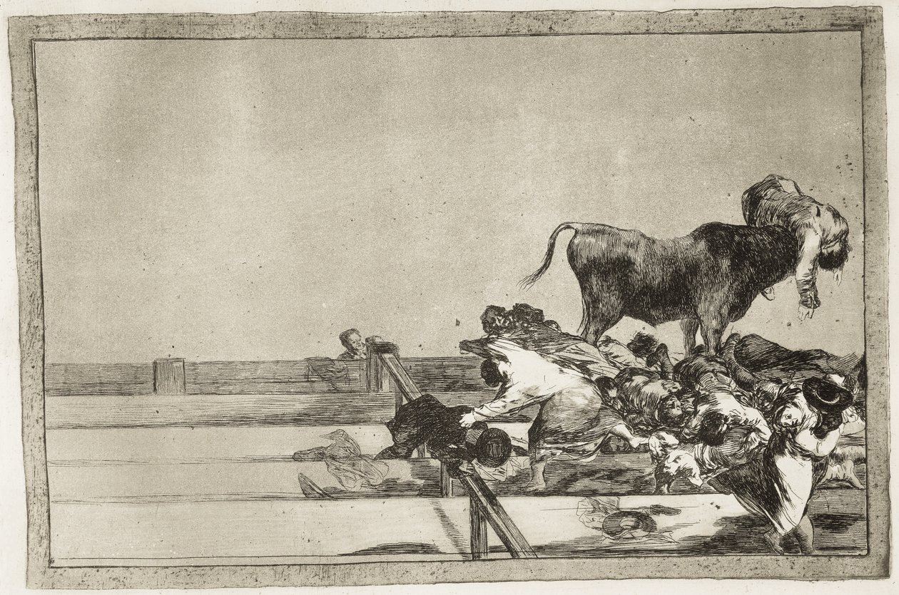 GOYA Y LUCIENTES, Francisco de (1746-1828). Espantosos sucesos en las primeras filas del ruedo de Madrid y muerte del alcalde de Torrejón en 1801. 1816. Lámina 21 de "El arte de torear". Aguafuerte. ESPAÑA. MADRID (COMUNIDAD AUTÓNOMA). Madrid. Nacional de Francisco Jose de Goya y Lucientes