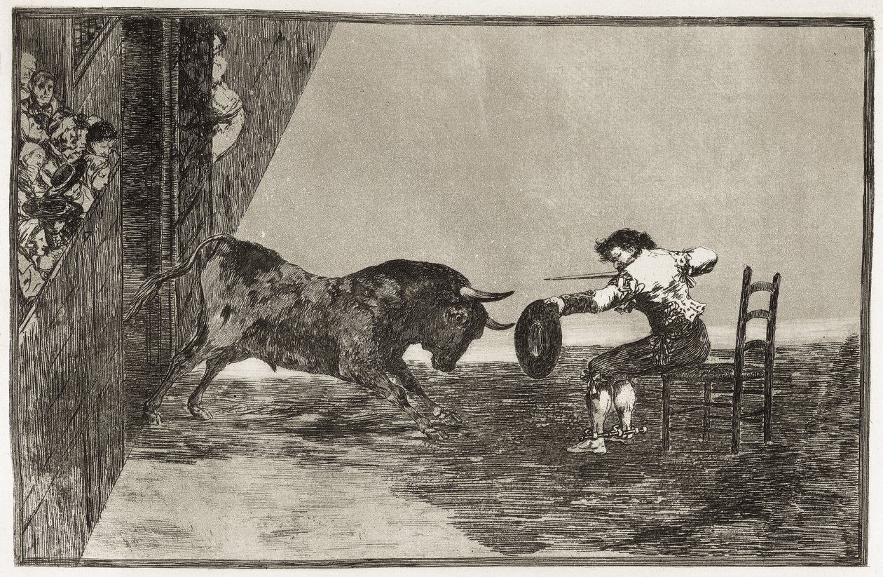 GOYA Y LUCIENTES, Francisco de (1746-1828). El atrevimiento de Martincho (probablemente Antonio Ebassum) en el ruedo de Zaragoza. 1816. (24,9 x 35,7 cm). Lámina 18 de "El arte de torear". Aguafuerte. ESPAÑA. MADRID (COMUNIDAD AUTÓNOMA). Madrid. Biblioteca  de Francisco Jose de Goya y Lucientes