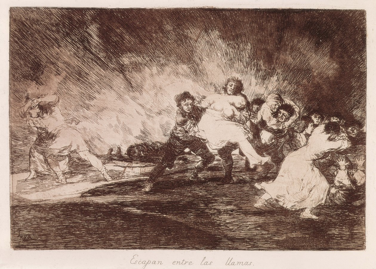 GOYA Y LUCIENTES, Francisco de (1746-1828). Escapan entre las llamas. 1810-1812. (16,1 x 23,3 cm). Lámina 47 de "Los desastres de la guerra". Aguafuerte. ESPAÑA. MADRID (COMUNIDAD AUTÓNOMA). Madrid. Biblioteca Nacional de Francisco Jose de Goya y Lucientes