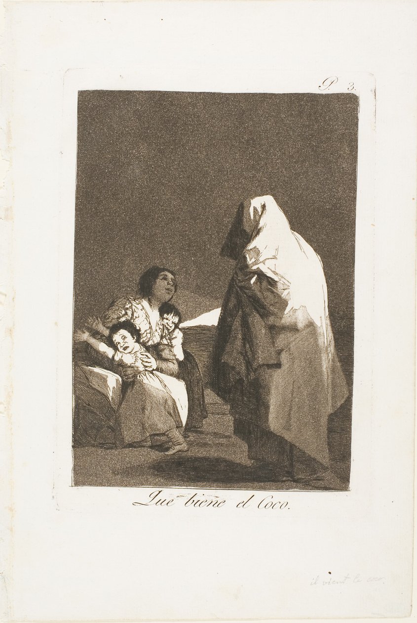 Aquí viene el Coco, placa tres de Los Caprichos de Francisco Jose de Goya y Lucientes