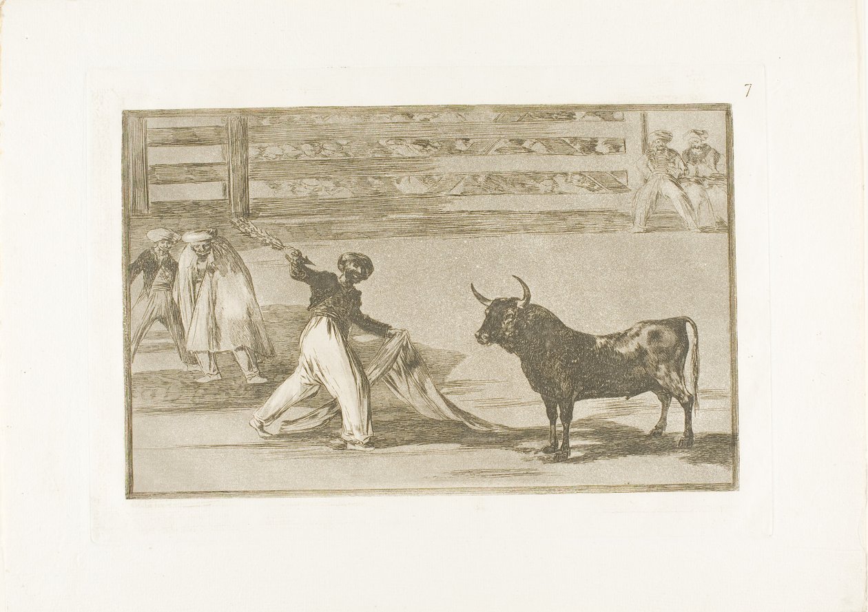 Origen de los arpones o banderillas, lámina siete de El Arte del Toreo de Francisco Jose de Goya y Lucientes