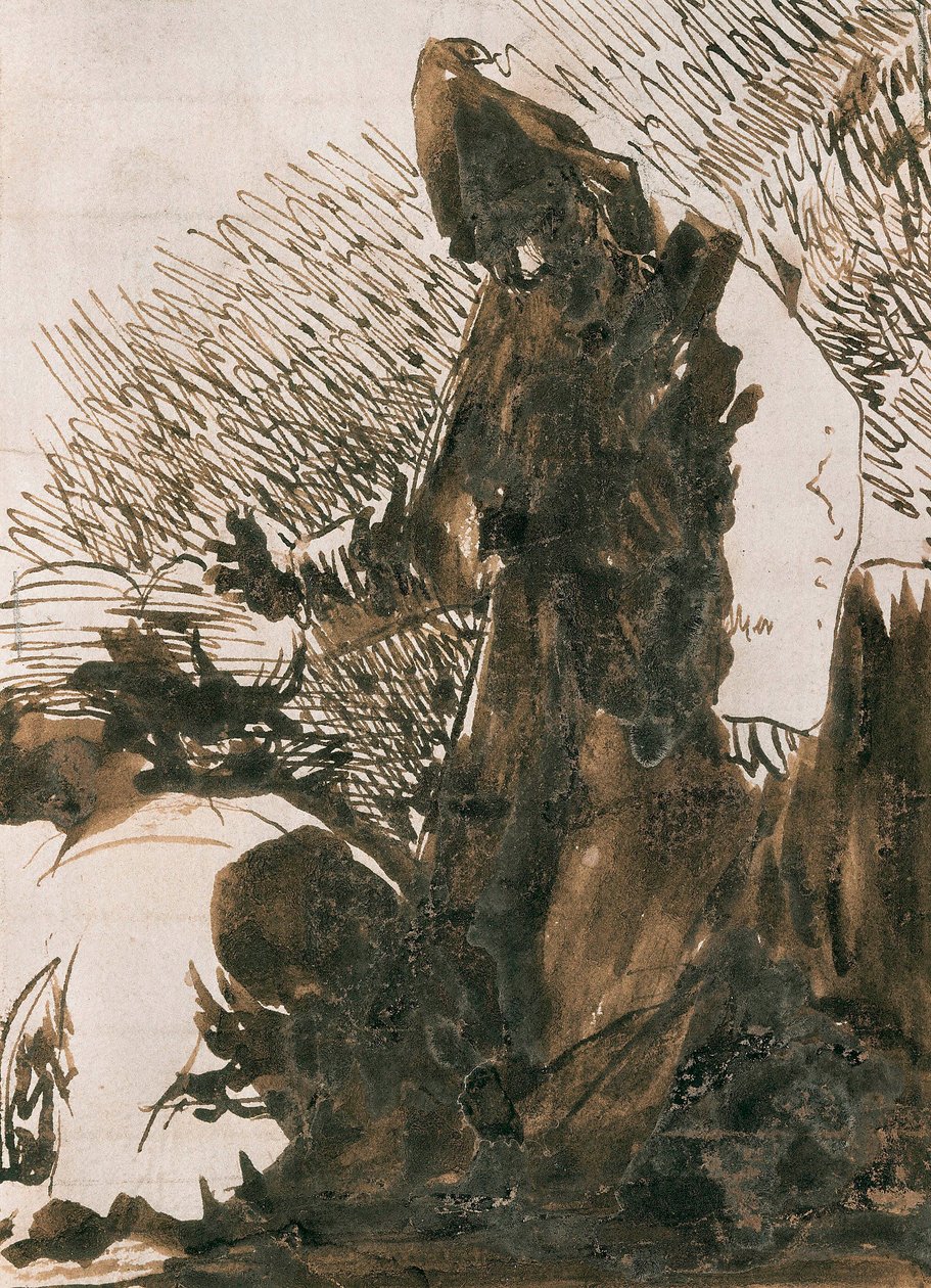 ""Personajes postrándose ante un monje"". Dibujo de aguada de Francisco de Goya y Lucientes (1746-1828). 1820.Madrid. Museo del Prado. de Francisco Jose de Goya y Lucientes