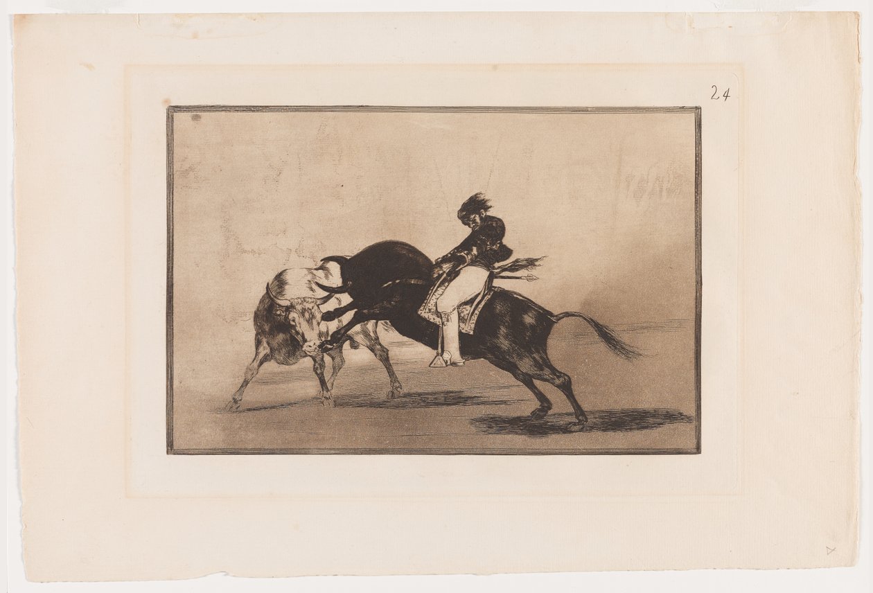 Placa 24 de La Tauromaquia: El mismo Ceballos montado en otro toro rompe lanzas cortas en el ruedo de Madrid de Francisco Jose de Goya y Lucientes