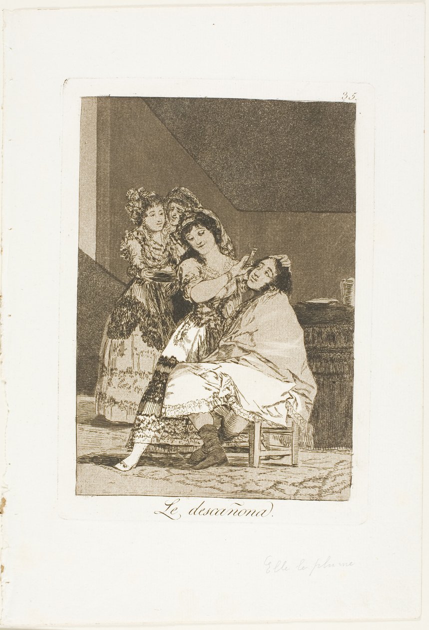 Ella lo despluma, lámina 35 de Los Caprichos de Francisco Jose de Goya y Lucientes