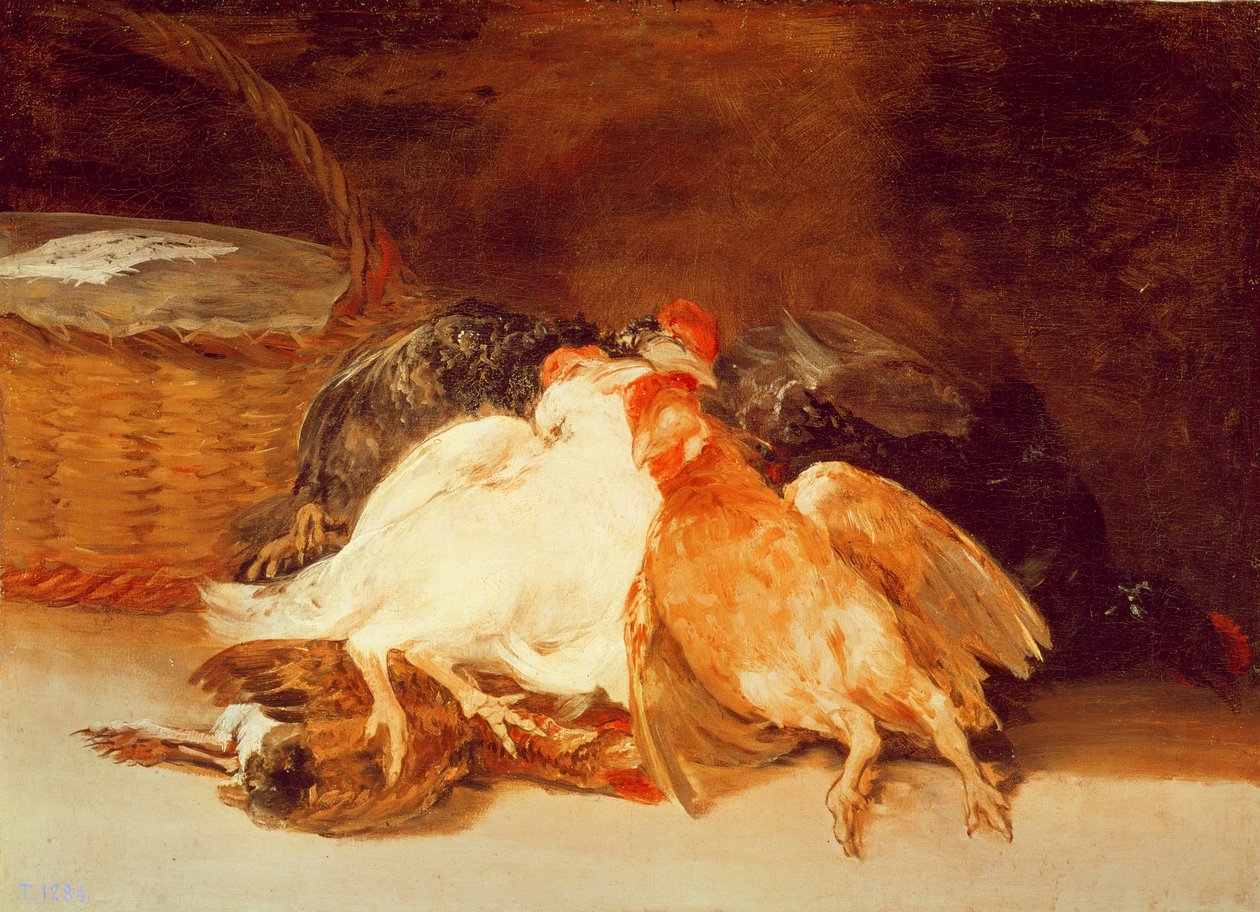 Naturaleza muerta con pollos muertos y una cesta de mimbre de Francisco de Goya